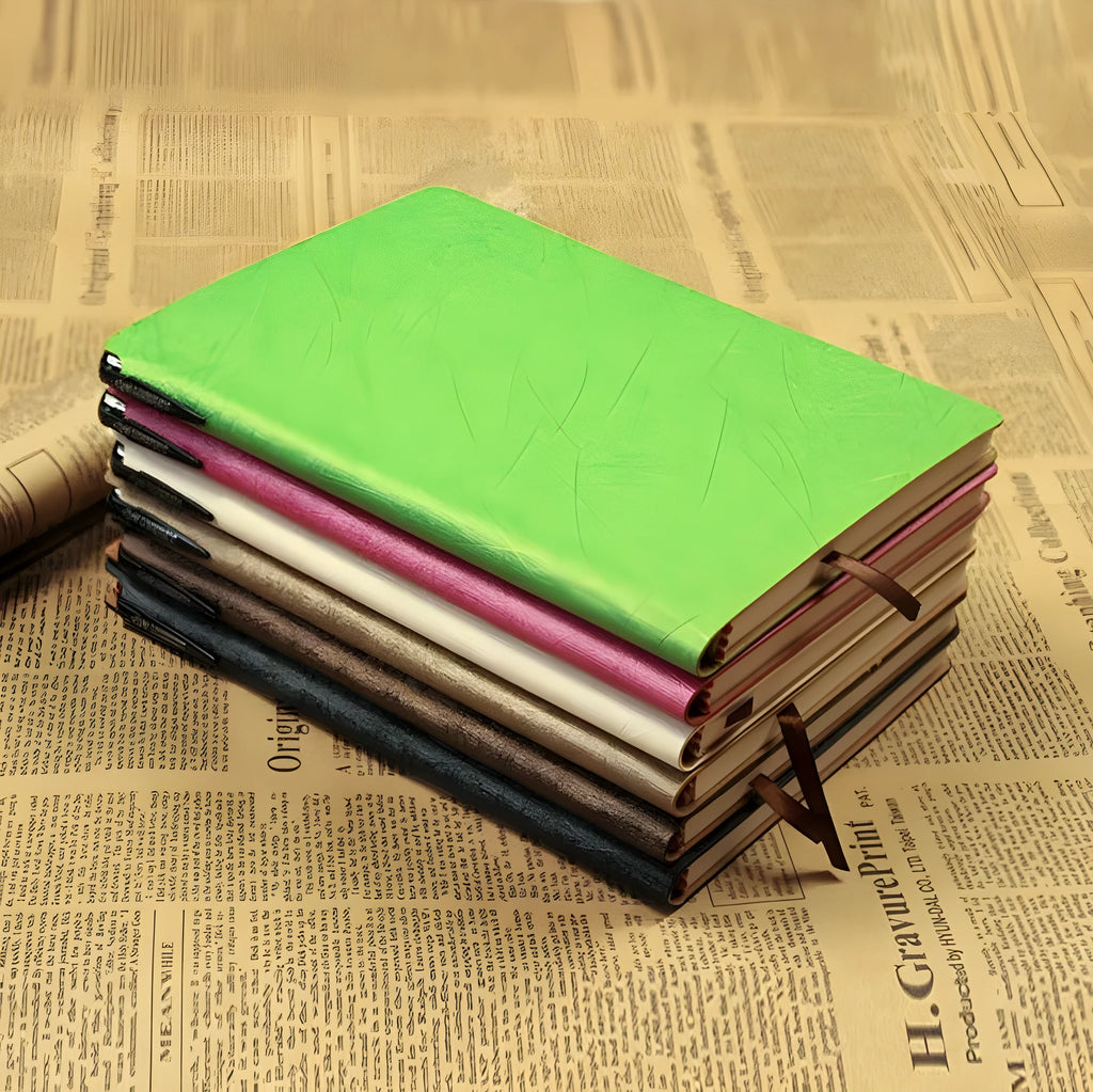 A6 soft PU leather notebook with pen slot, 100 pages, forest paper, available in seven colours