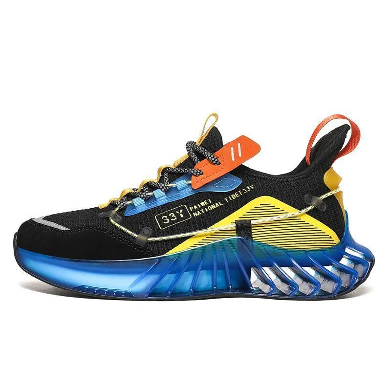 Luminous men's casual running shoes in black green with flying fabric upper and flat heel