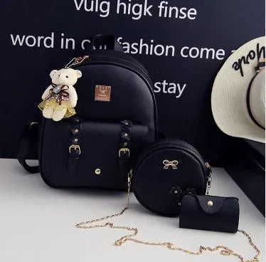 Floral design women's 3-piece PU leather bag set showing backpack, shoulder bag, and card purse.
