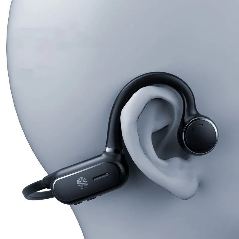 Air conduction wireless earphone in black, with ergonomic ear-hook and touch control overlay