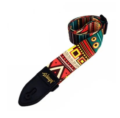 Printed cloth guitar shoulder strap showing eight design options including national flag and lightning patterns