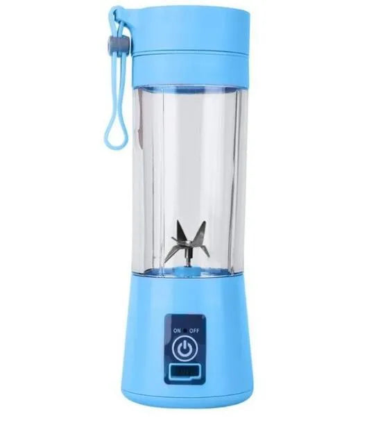 Pink mini USB electric fruit juicer with carrying rope on a kitchen countertop.