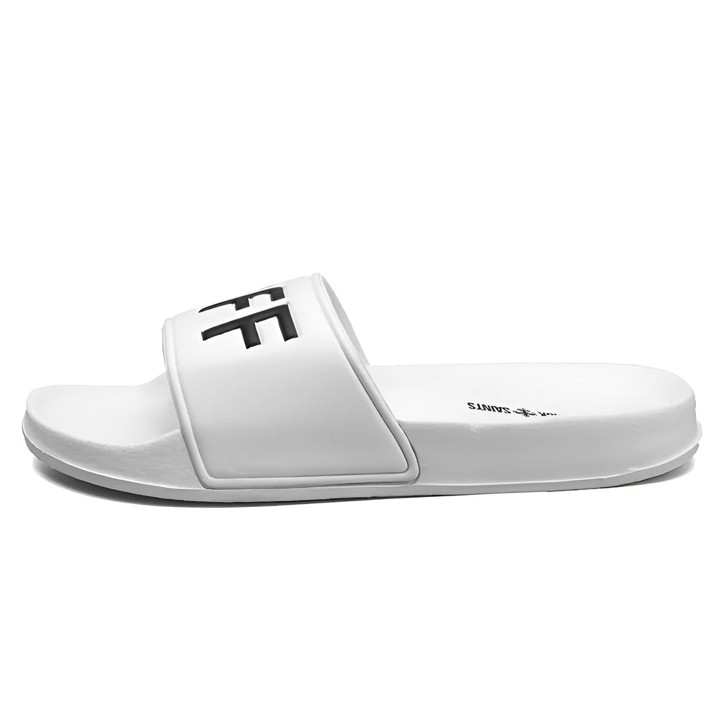 Men's black and white open toe personalised slippers with a rubber sole, shown in a large size.