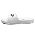 Men's black and white open toe personalised slippers with a rubber sole, shown in a large size.