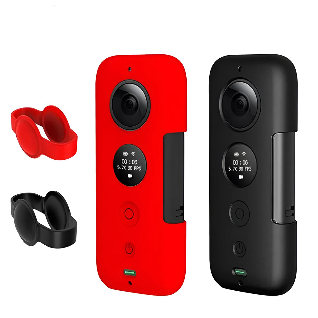 Black and red silicone protective cases for an Insta360 ONE X action camera.