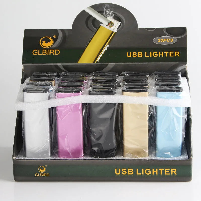 Set of 20 rechargeable metal windproof cigarette lighters in assorted colours with USB charging cable.