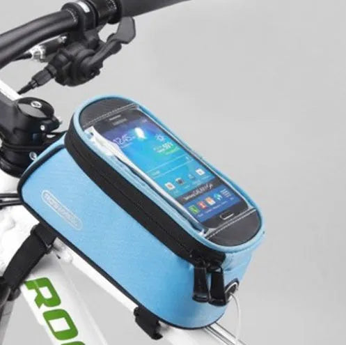 ROSWHEEL black PVC bicycle frame bag for mobile phone mounted on a bike.