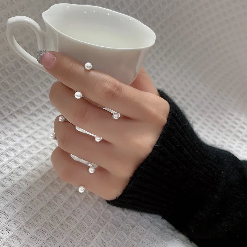 Women's adjustable U-shaped knuckle ring copper pearl inlaid white gold colour smile line pattern