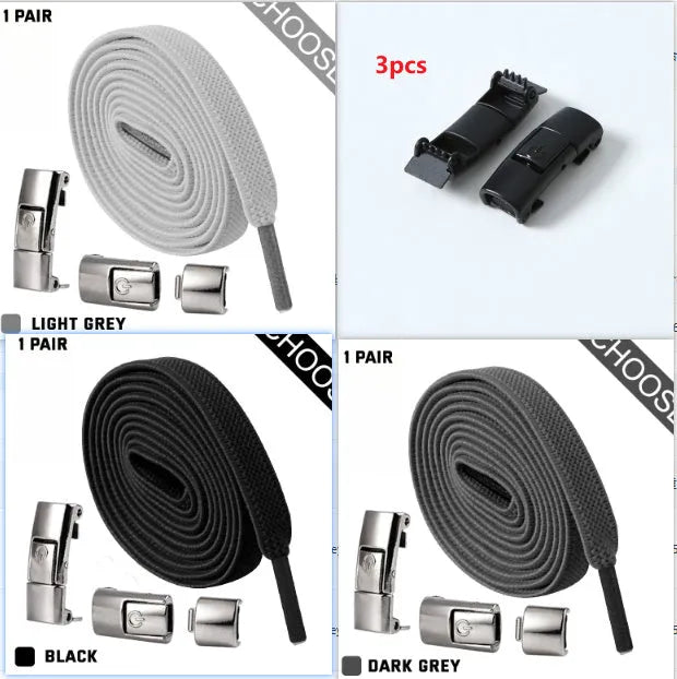 Pair of black 8mm wide flat press lock elastic shoelaces for no-tie fastening on sneakers