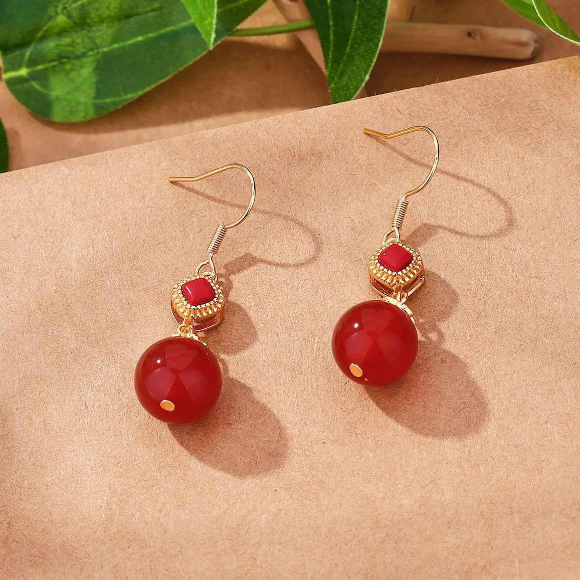 Geometric agate earrings with Southern Red Agate round beads, S925 silver inlay, and Jasper accents on electroplated alloy