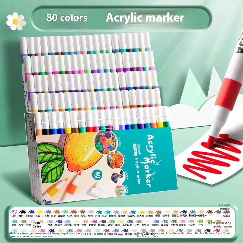Set of multicolour acrylic marker pens for student art projects, available in boxes of 12 to 80 colours.