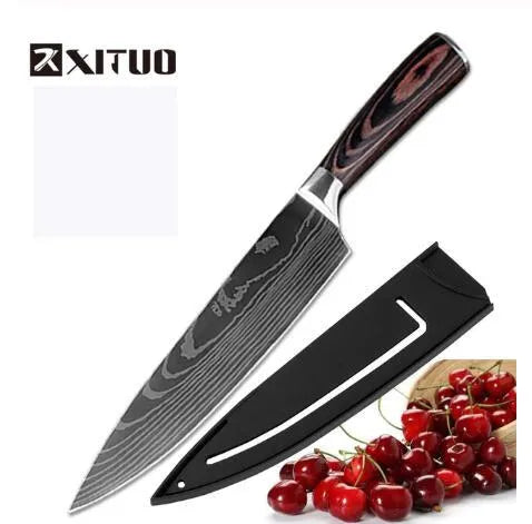 7Cr17 stainless steel kitchen knife with laser Damascus pattern blade and coloured wood handle
