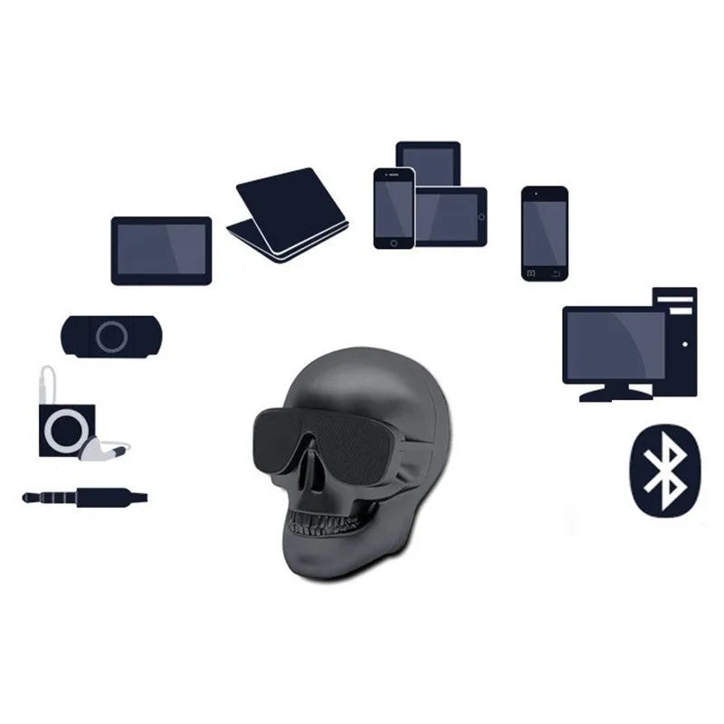 Skull-themed portable wireless Bluetooth speaker in multiple colours with a 10-hour battery.