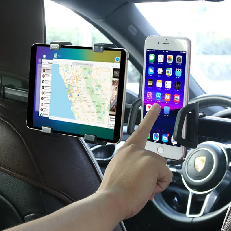 Black universal tablet PC car back seat bracket holding a tablet, with 360-degree rotation feature visible