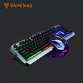 New game luminous keyboard and mouse set with rainbow colour lighting on a black desktop