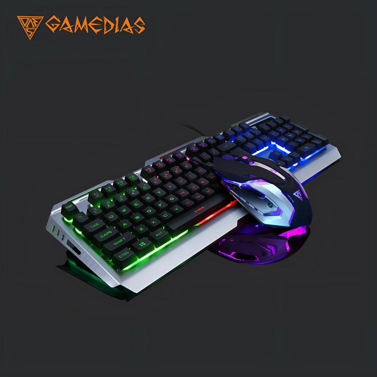 New game luminous keyboard and mouse set with rainbow colour lighting on a black desktop