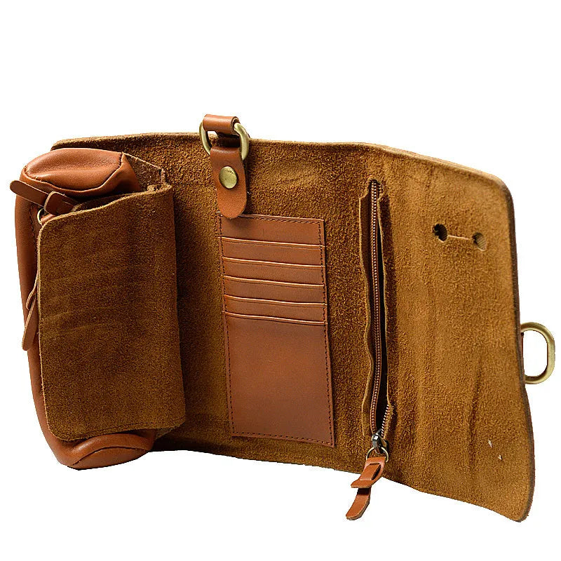 Handmade dark brown cow leather vintage bifold wallet with tape extraction closure, shown open.