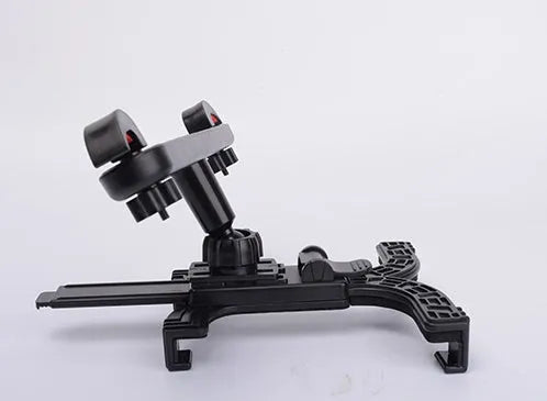 Black car tablet holder mounted on headrest with adjustable bracket for rear seat passengers