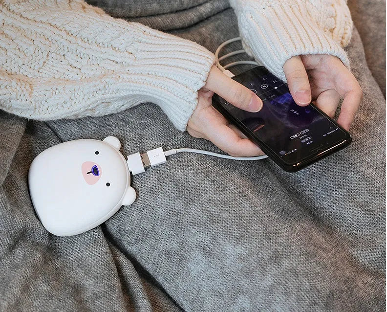 Cartoon penguin polar bear design USB rechargeable electric hand warmer power bank showing double-side heating