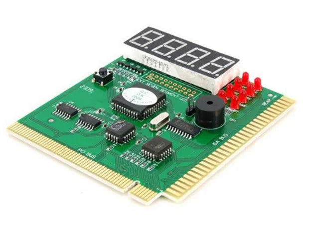 Four-digit motherboard fault diagnosis card with digital tube, signal lamp, and buzzer in a PCI slot