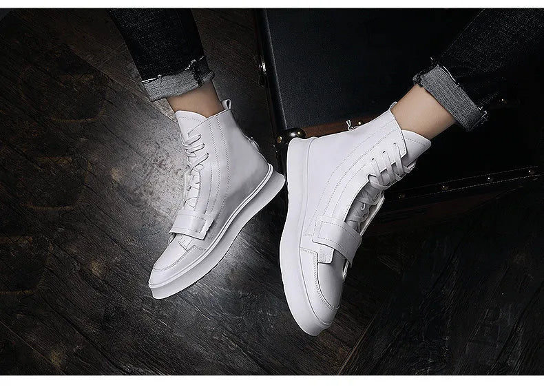 Black and white PU leather men's ankle boots with high-top sneaker design showing microfiber material texture