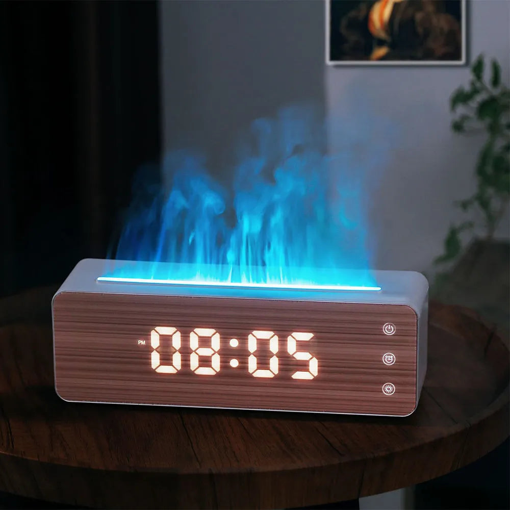Flame Humidifier with Clock Display Desktop Aromatherapy Machine for Bedroom Household Use ABS Electronic Components White 28x8.5x9.3cm Plug In Ultra Quiet Large Capacity Water Tank