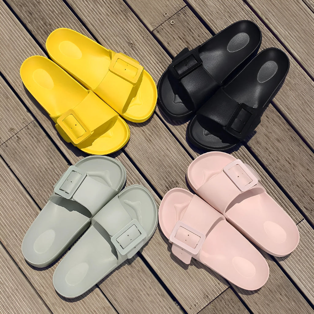Women's grey blue buckle slippers with soft EVA sole and adjustable fastening