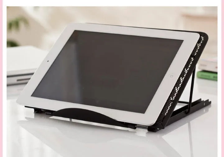 Adjustable cold-rolled steel laptop and tablet stand in black, shown in a raised position.