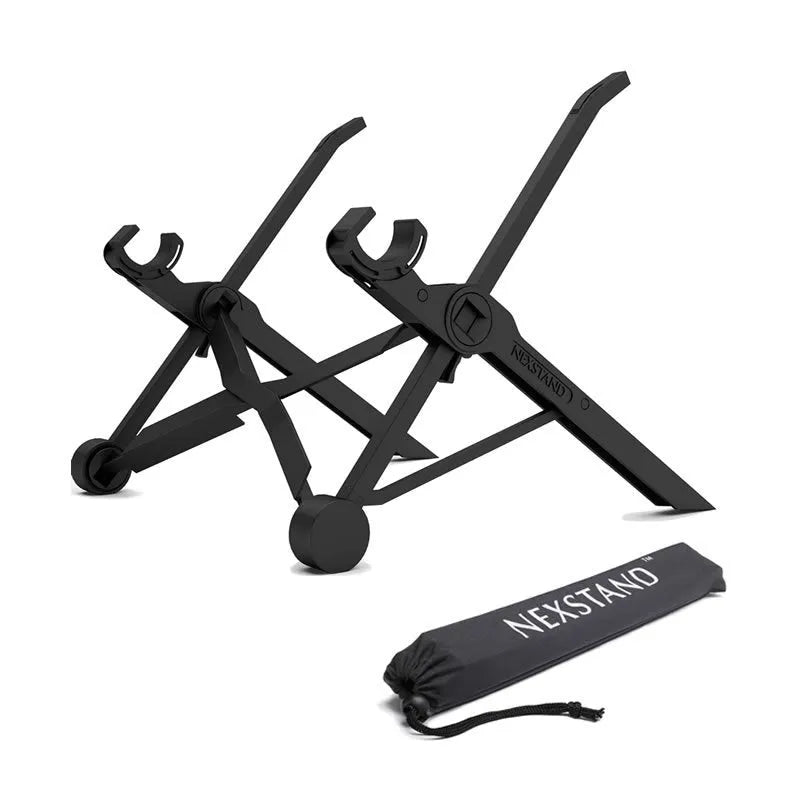 Sagacious black folding laptop stand with enhanced nylon construction showing portable design