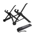 Sagacious black folding laptop stand with enhanced nylon construction showing portable design