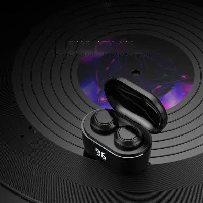 Black stereo Bluetooth headset with earplug design showing bilateral earpieces.