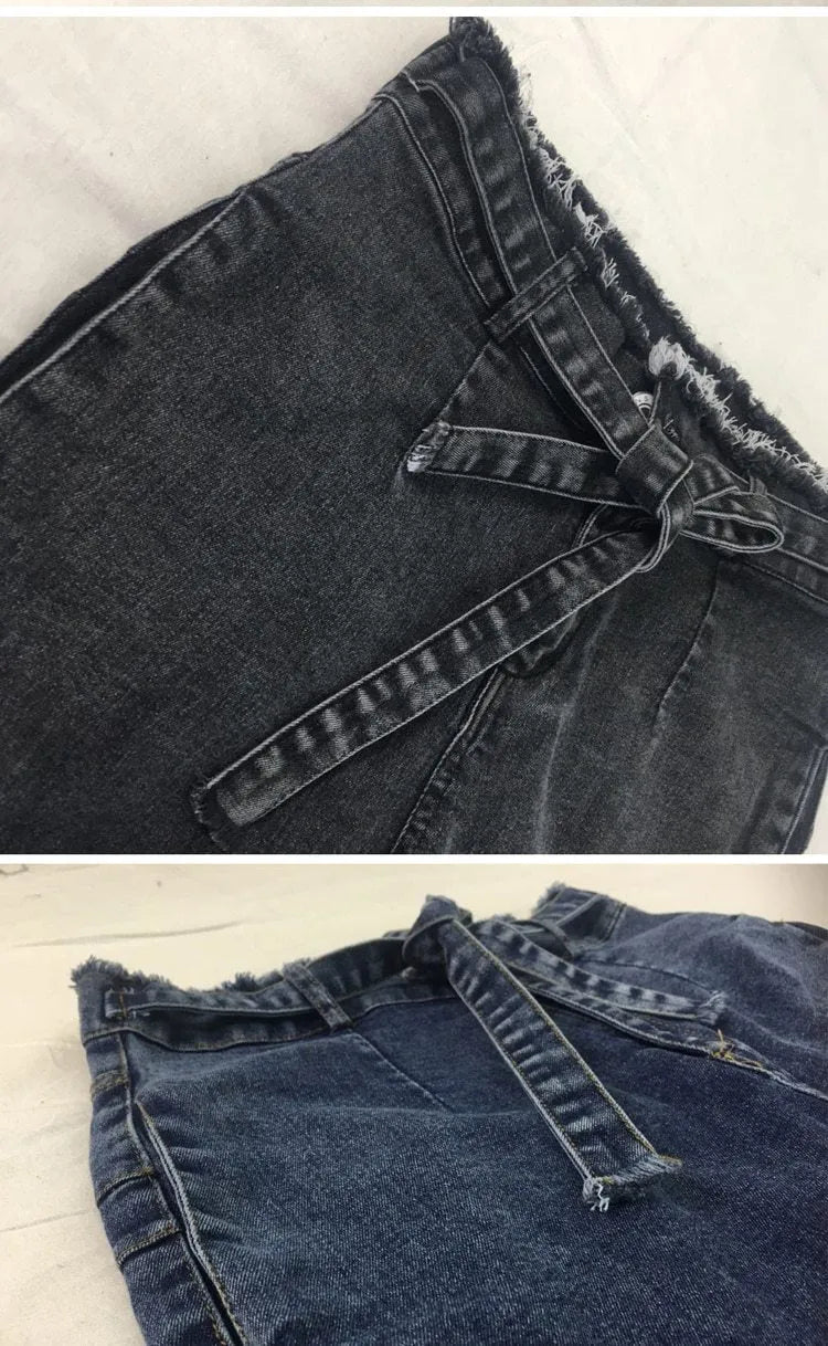 Women's fringed jeans in cowboy denim with frayed hem detail in dark blue, grey, and light blue colours