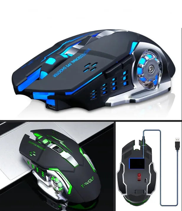 USB-C rechargeable wireless computer mouse in black colour with six buttons and scroll wheel