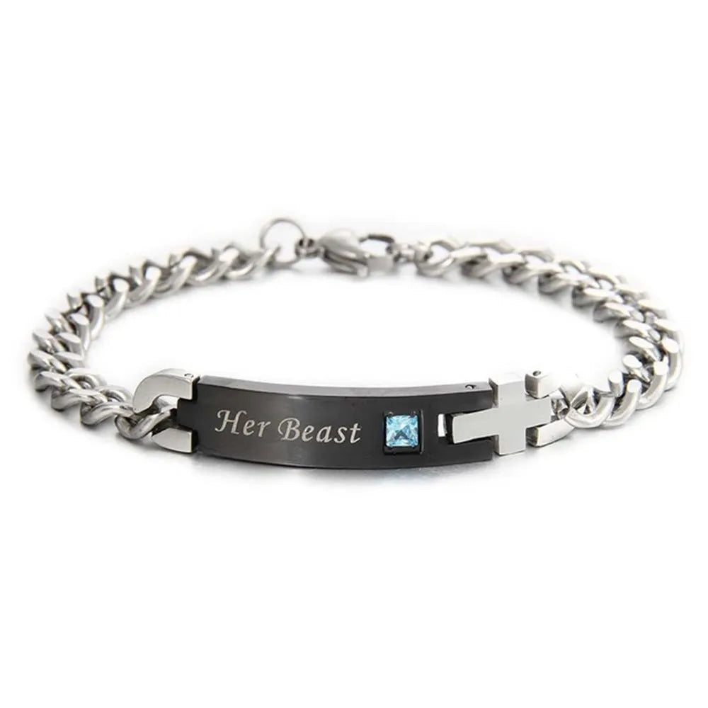 Gold and black couple bracelets in stainless steel with geometric design and adjustable chain lengths