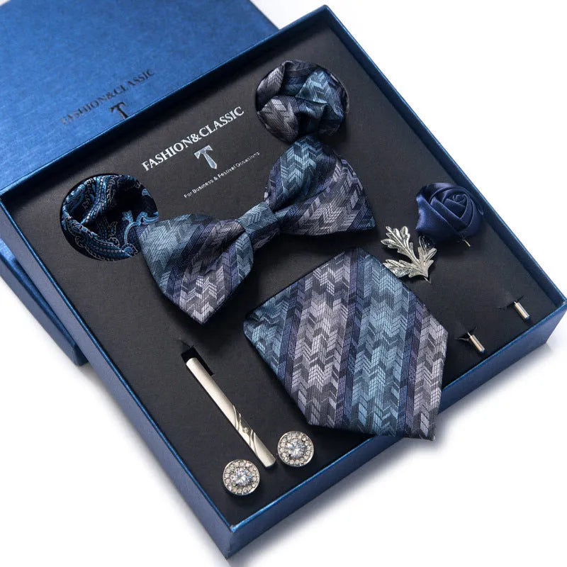 Men's 8-piece rayon jacquard bow tie set, heart shape arrow style, monochrome pattern, 146cm length