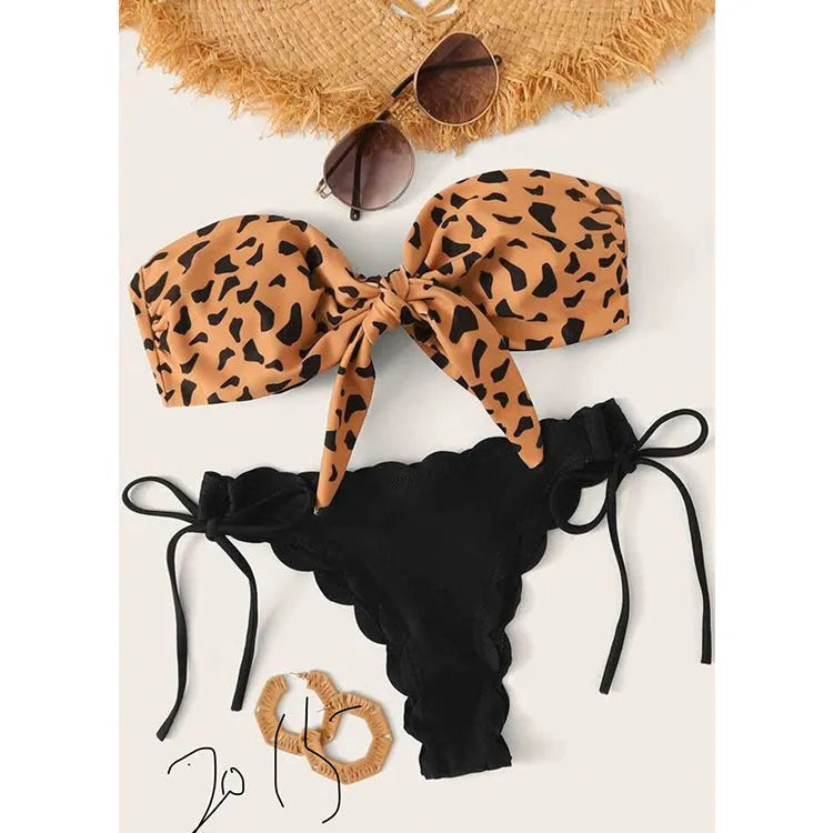 Women's leopard print split swimwear bikini set made from nylon and polyester, shown in Asian fit sizes S to XL