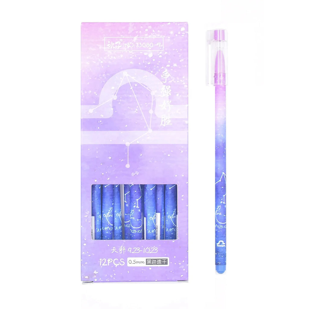 Box of 12 plastic gel pens with quick-drying ink and constellation-themed designs in assorted colours