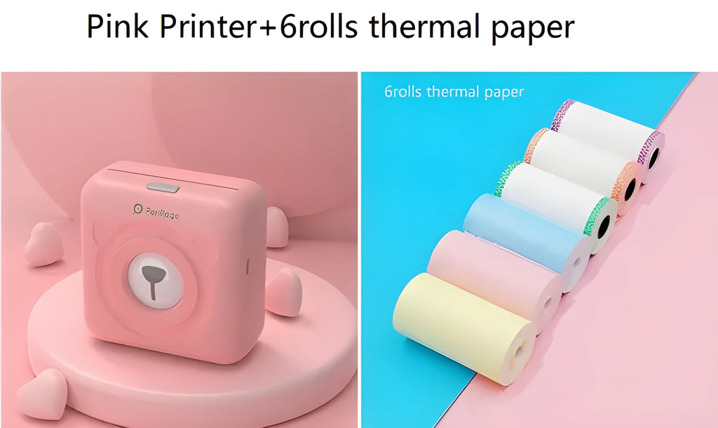 Mini Bluetooth wireless thermal printer in white, pink, and blue, compact 79x42x79mm size