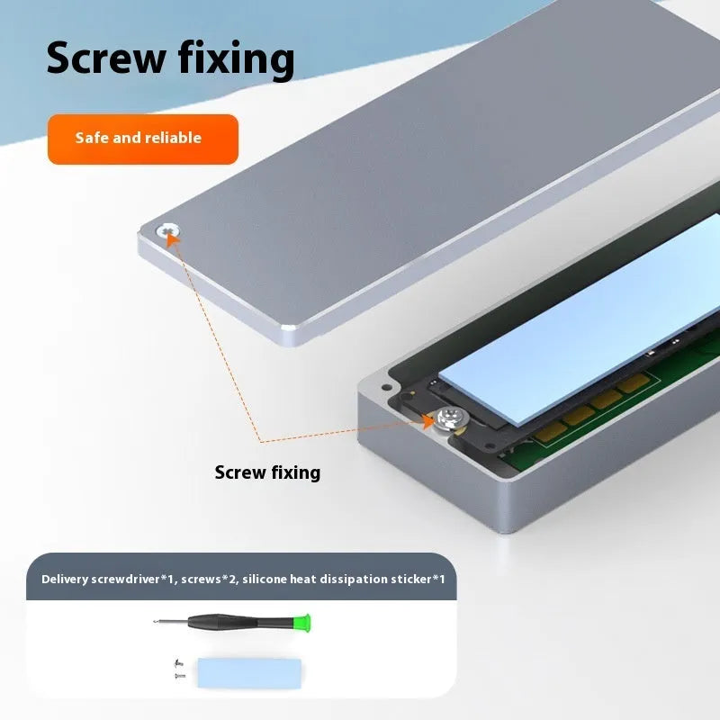 Aluminium M.2 SSD enclosure for Type-C laptops with installation toolkit and phone screen protector
