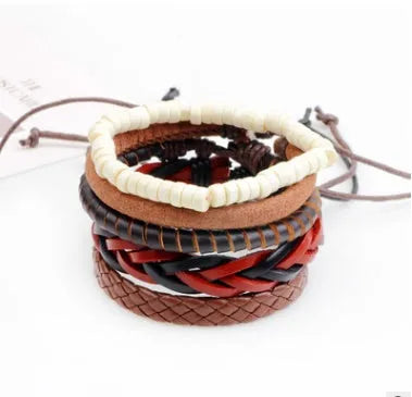 Handmade adjustable leather wrap bracelet with wooden beads on a wrist.