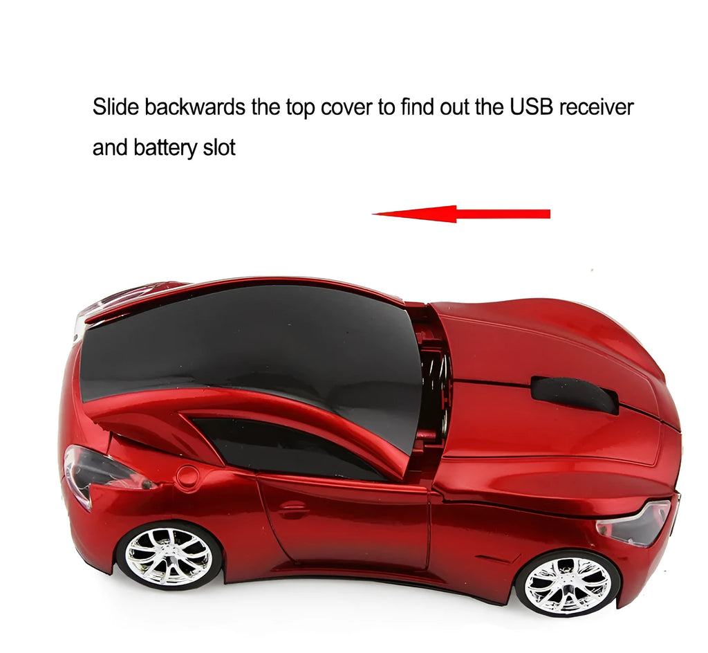 Wireless 2.4 GHz car sports mouse in red, with ABS construction and receiver storage compartment