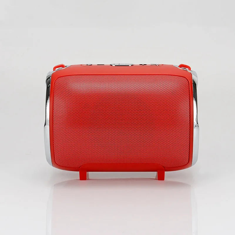 Portable metal subwoofer with 2.1 channel audio, battery power, Bluetooth, USB and FM inputs in black blue golden red silver colours