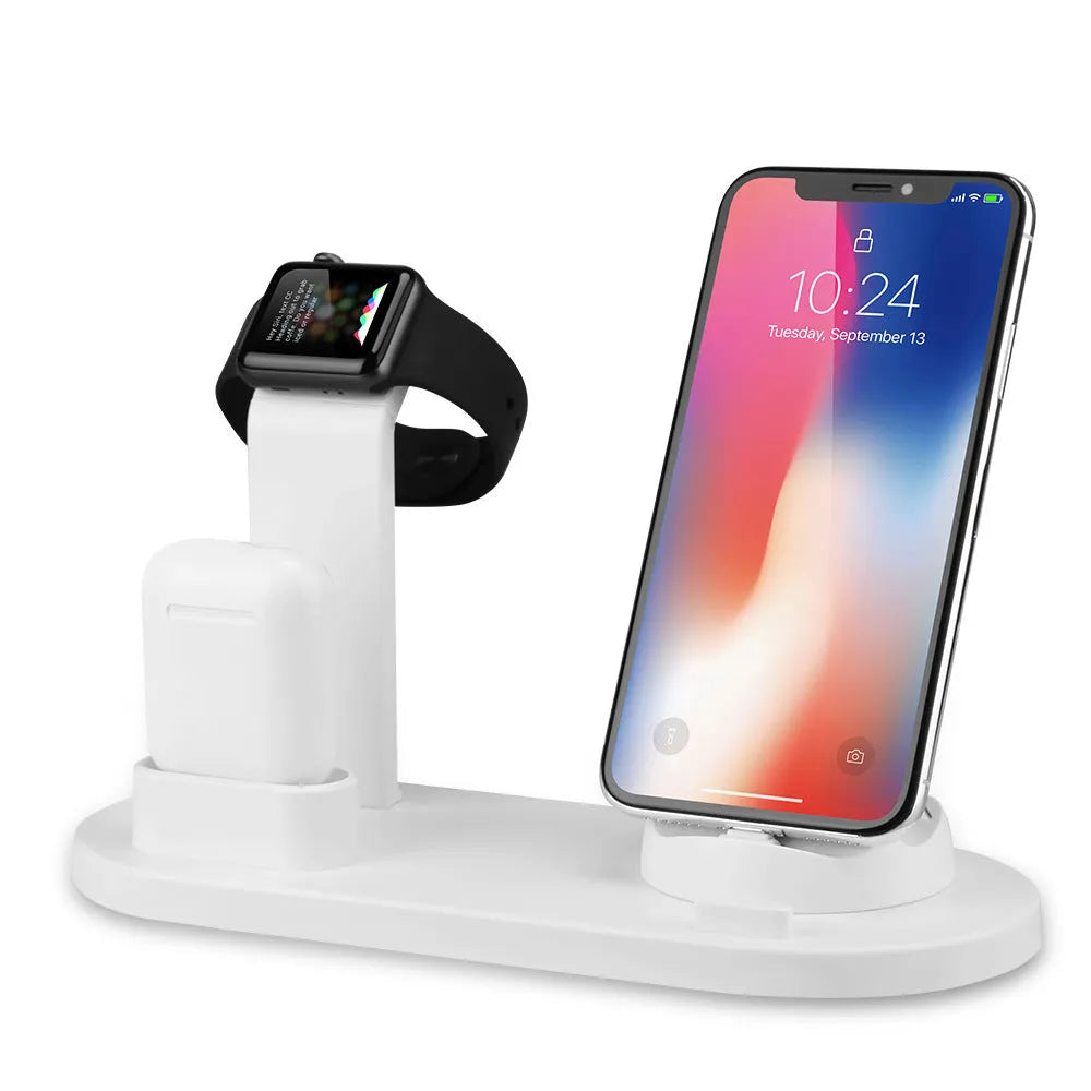 Black headphone charging stand with USB ports for charging three devices simultaneously