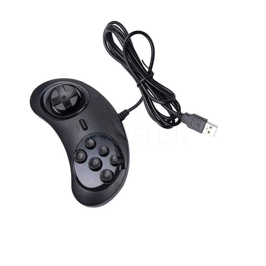 Black USB game controller with 1.8 metre wire and Sega-style button layout