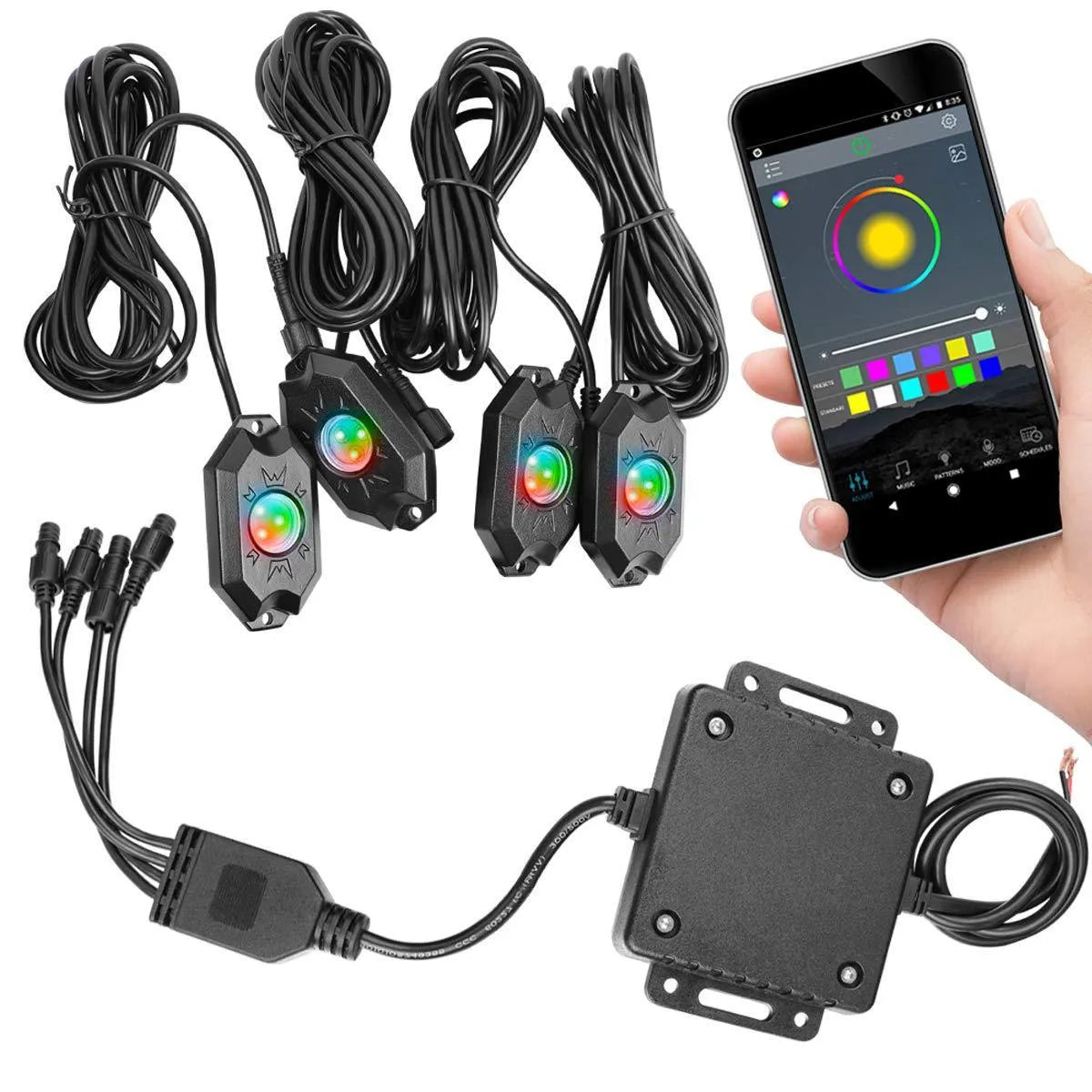 Bluetooth RGB undercar light with aluminium alloy housing and PC cover in black finish