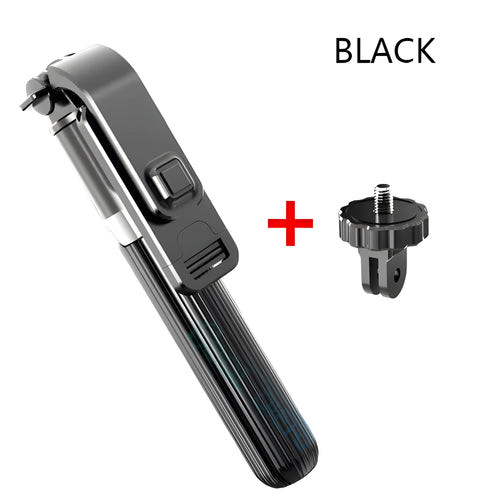 Black adjustable tripod selfie stick extended to full height with iPhone mounted