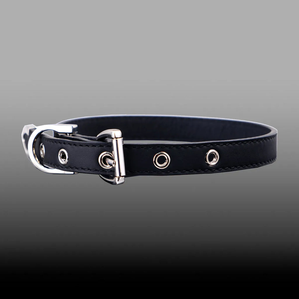 Black genuine leather collar with geometric metal pendant on adjustable 41-50cm chain