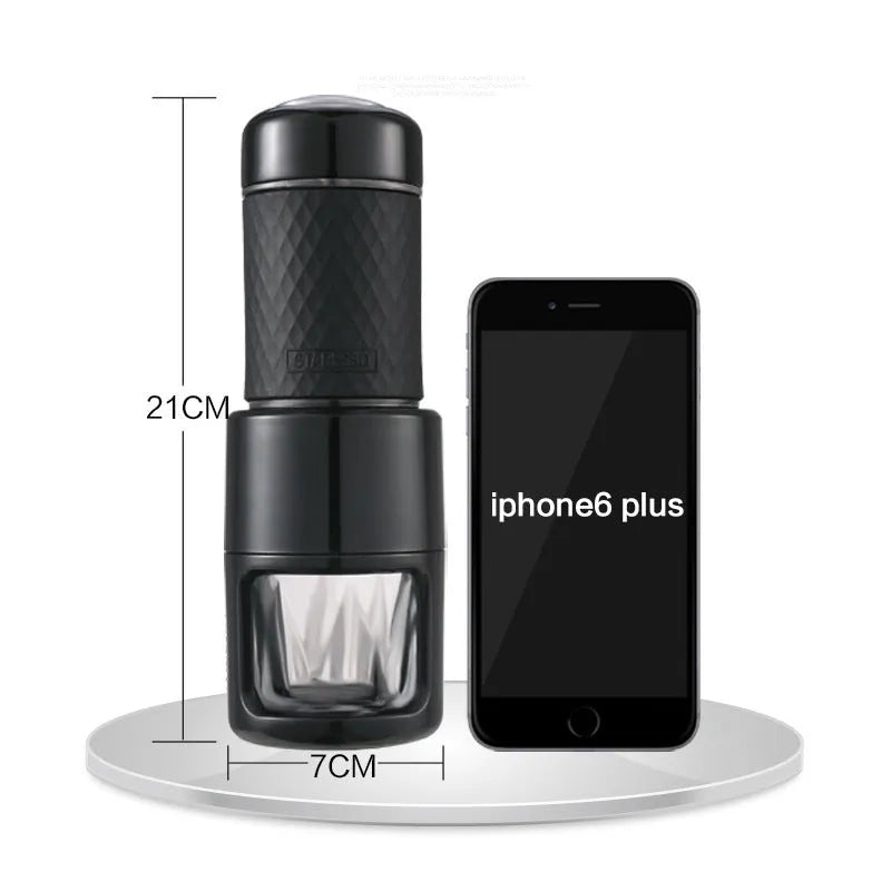 Portable manual espresso coffee machine in four colours with compact stainless steel design.