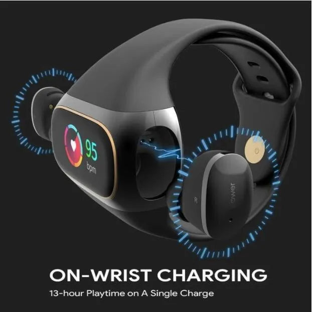 2 in 1 wireless earphone bracelet in black with silicone band and earbuds on wrist