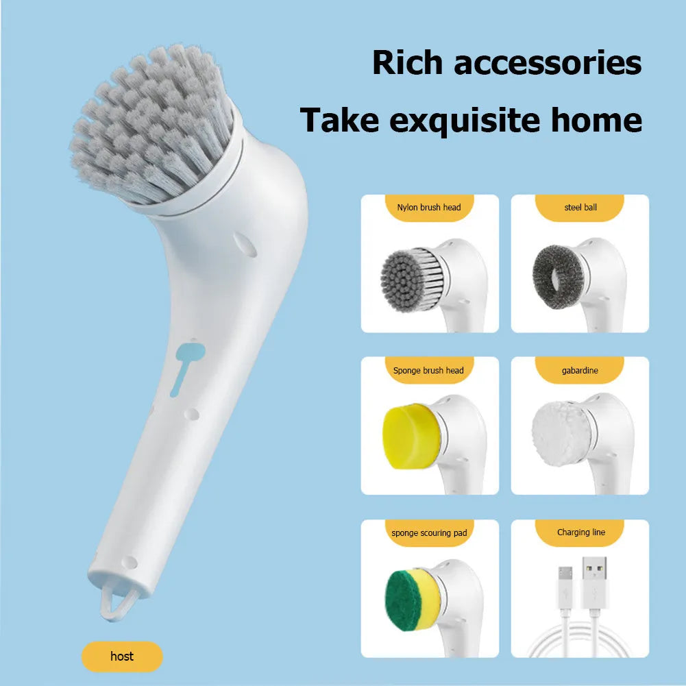 White USB electric handheld cleaning brush with five different brush heads for kitchen and bathroom surfaces.
